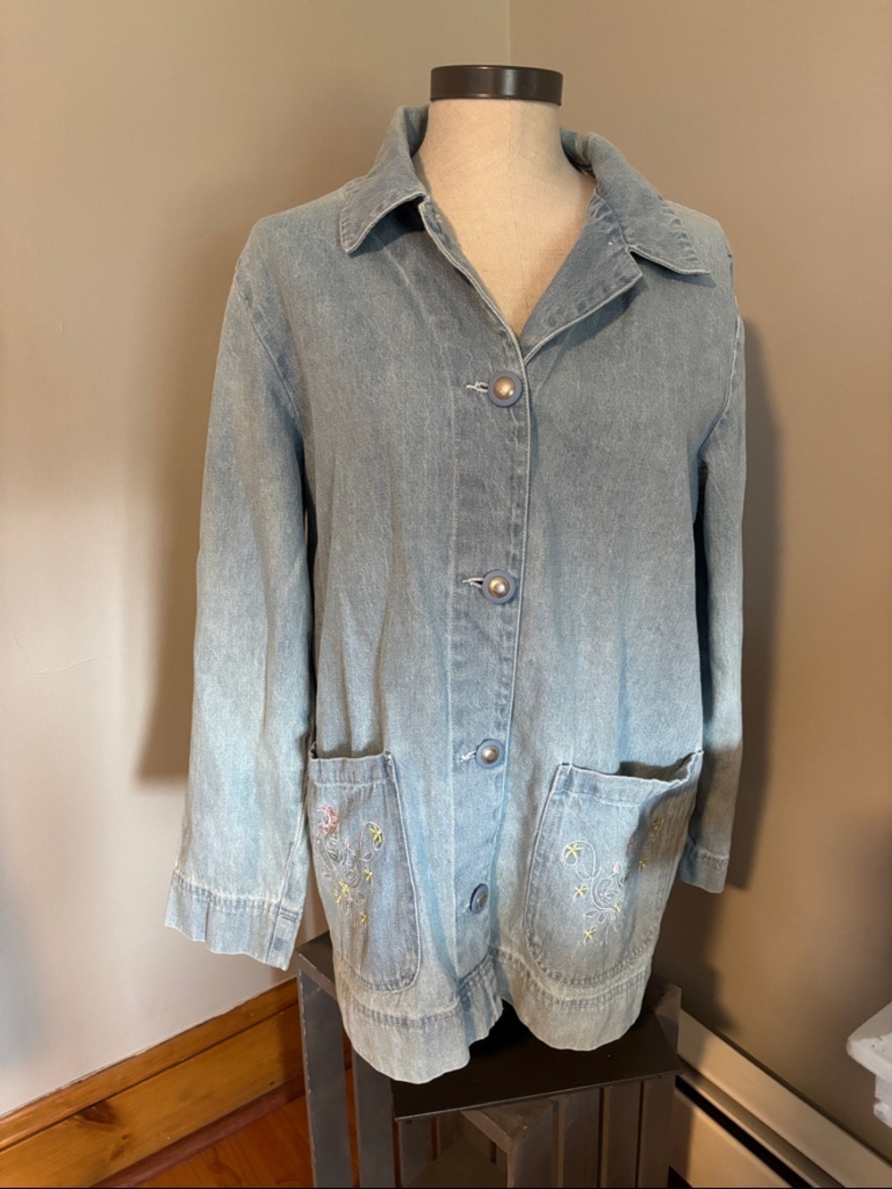 Light Blue Denim Jean Jacket with Embroidered Pockets